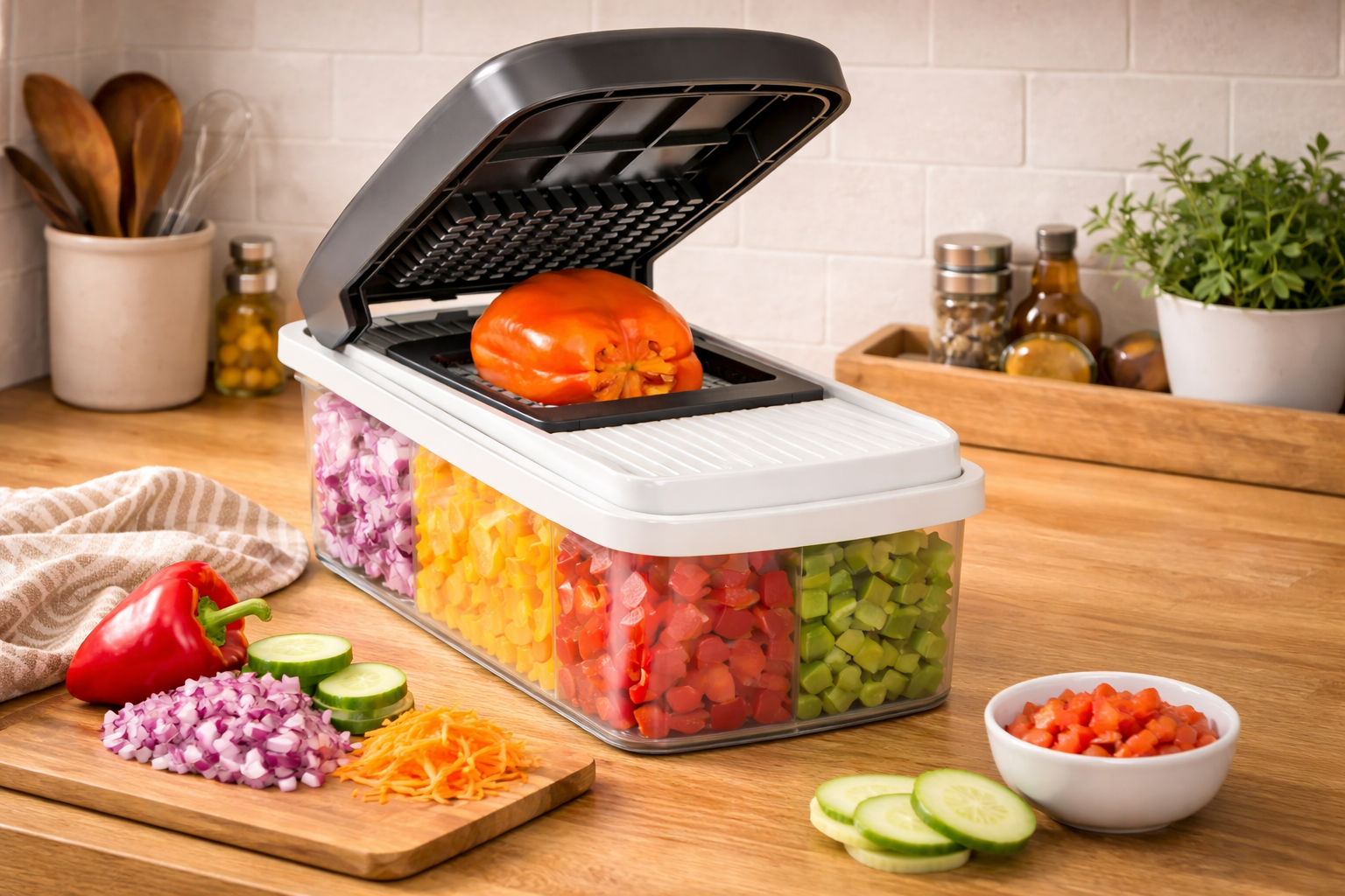 Vegetable chopper with container dicing peppers, onions, and cucumbers on a wooden countertop in a bright, organized kitchen for easy meal prep