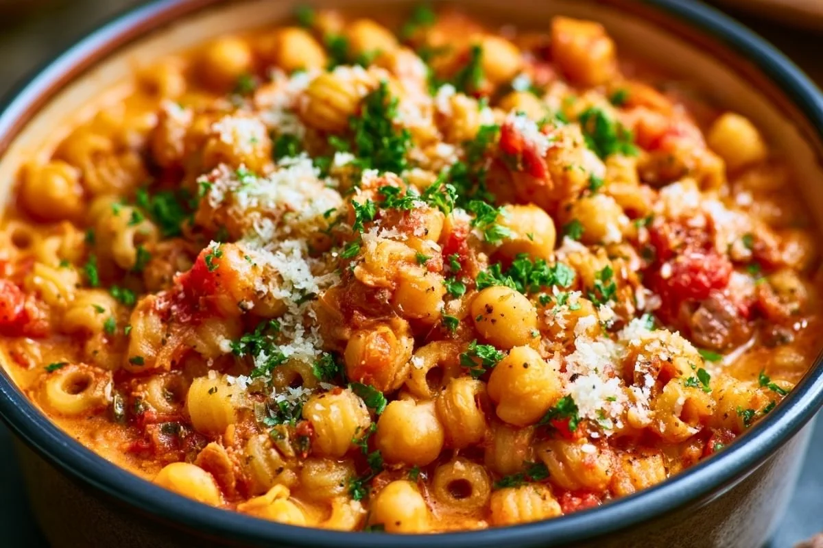 Easy pasta e ceci in a bowl with ditalini, chickpeas, and creamy tomato broth topped with Parmesan and parsley