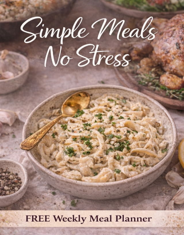 Free weekly meal planner landing page with simple meals no stress food background and download button