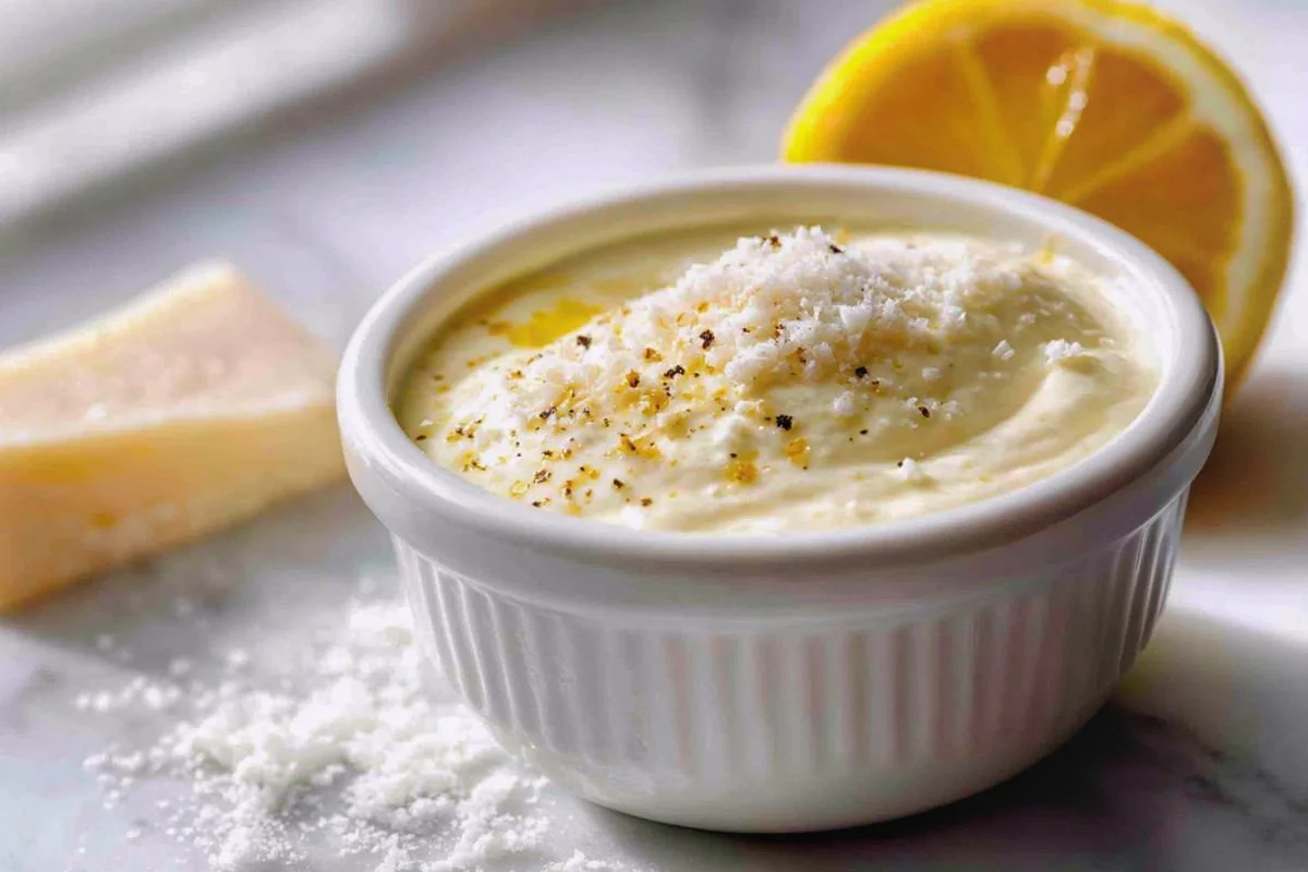 Creamy homemade Caesar dressing in a white bowl with cracked black pepper and grated parmesan