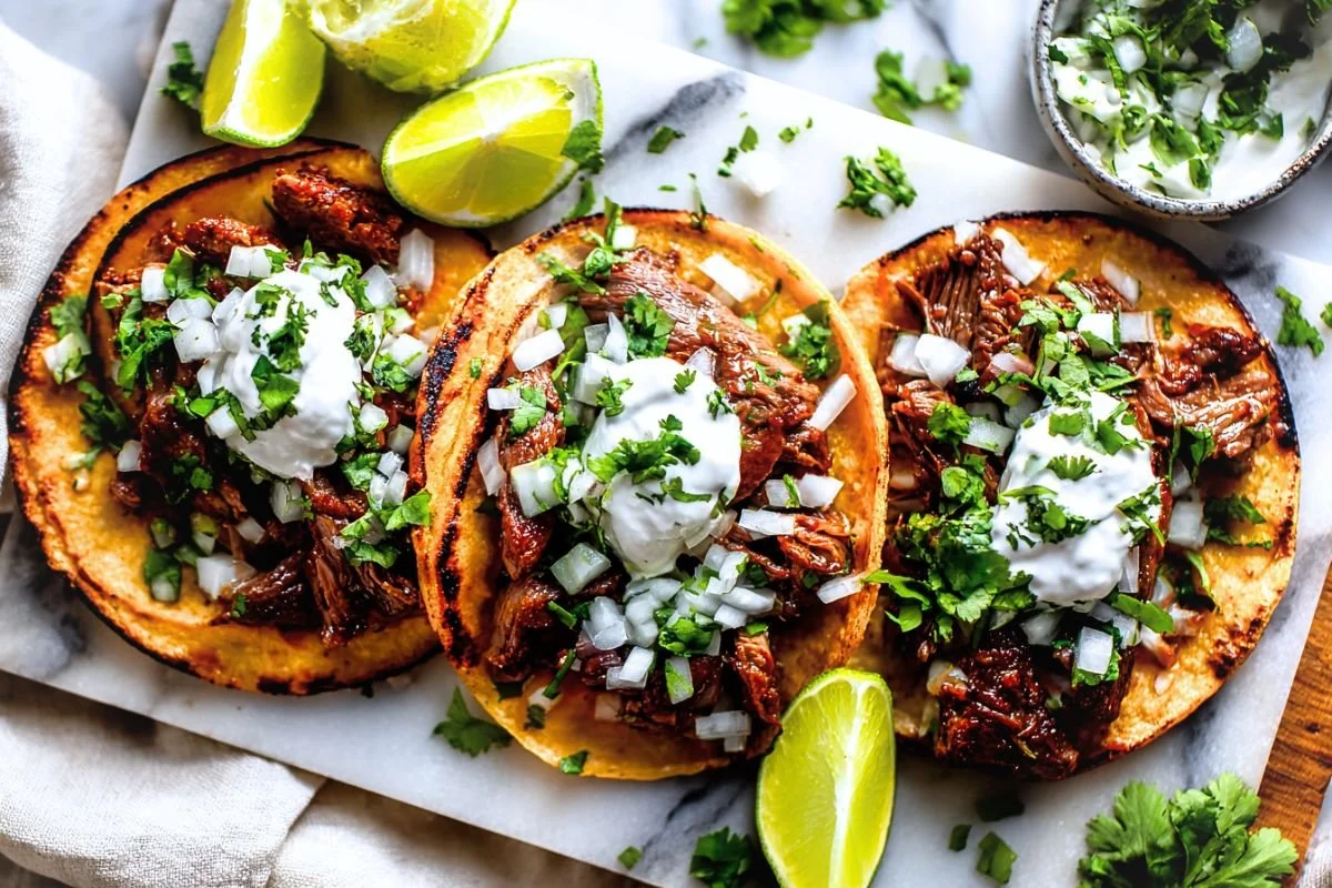 Close-up of grilled carne asada steak chopped into juicy pieces piled on a double-stacked corn tortilla with cilantro and onion