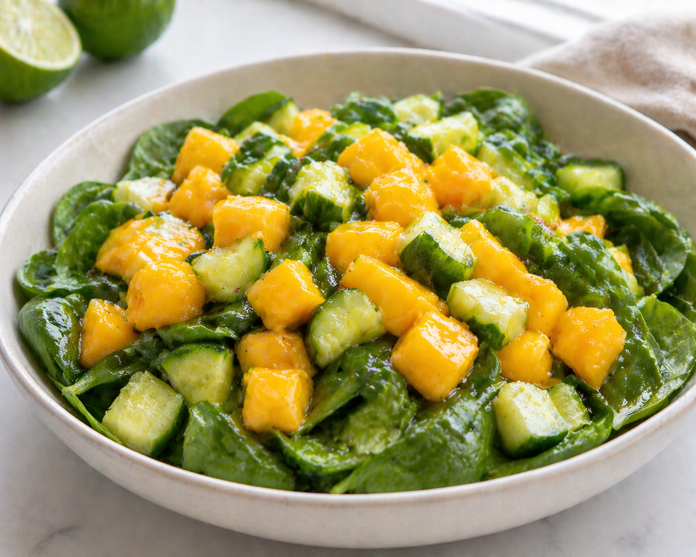 Fresh mango cucumber spinach salad in a white ceramic bowl with diced ripe mango, chopped cucumber, and baby spinach, lightly dressed with lime juice and honey in natural daylight