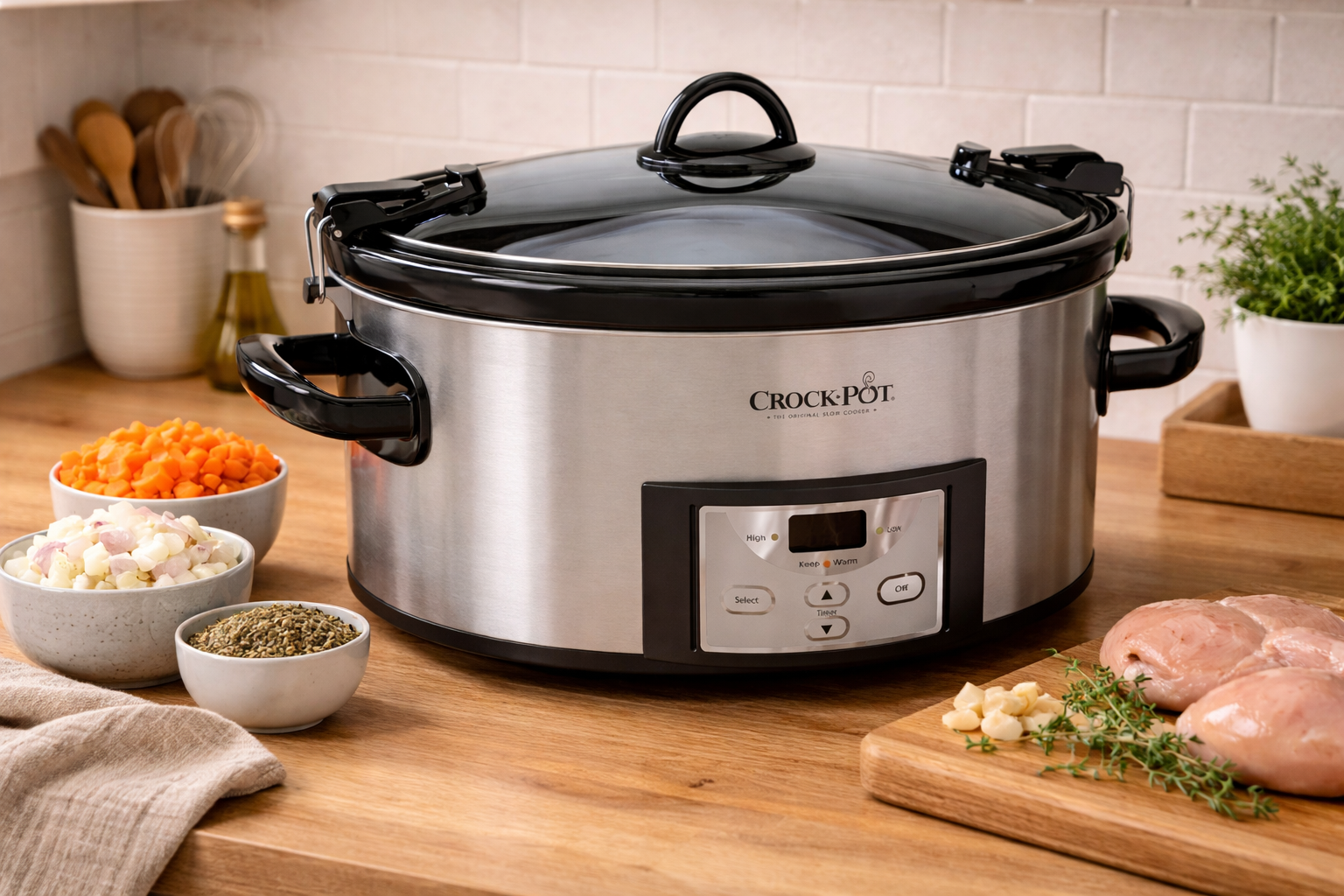 Crockpot slow cooker with digital controls on a kitchen counter, used for easy family dinners and simple meal prep in a home kitchen