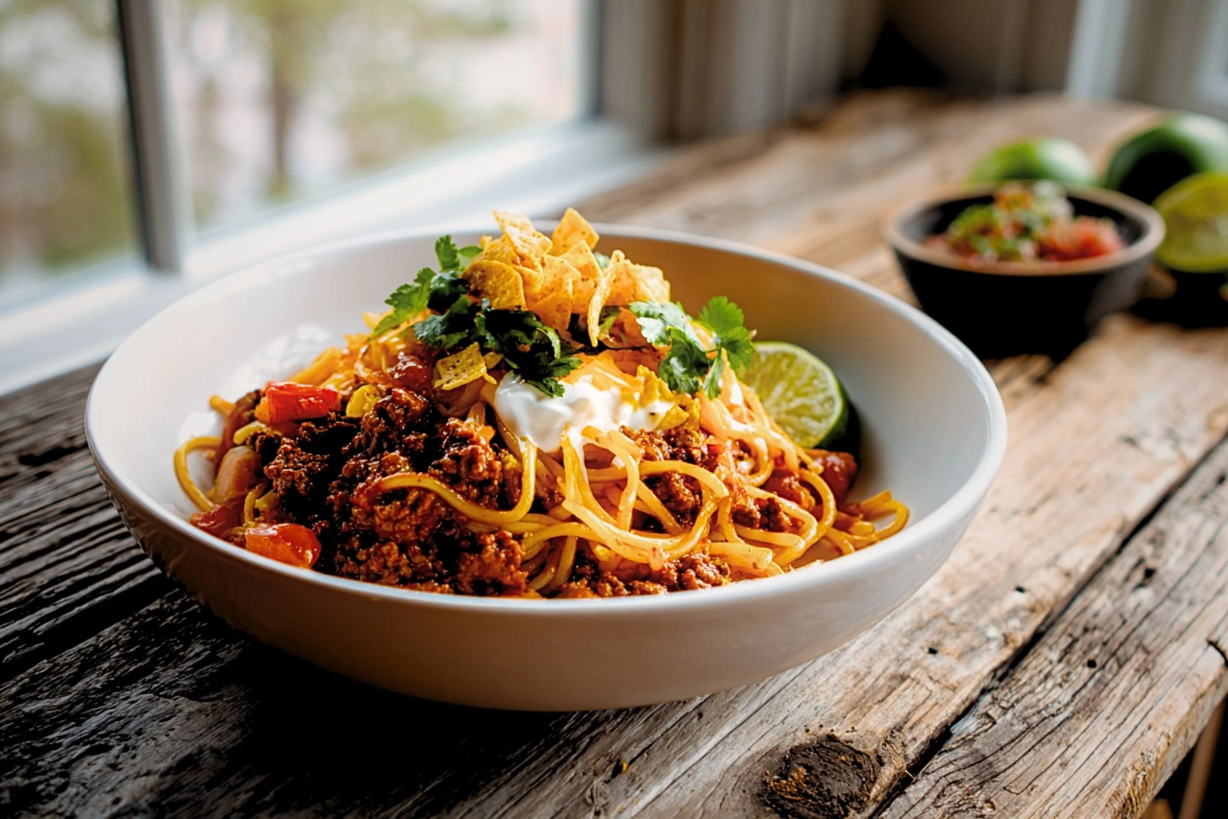Taco dirty spaghetti with seasoned ground beef, melted cheddar, and crushed tortilla chips in a white bowl, easy one-pot family dinner