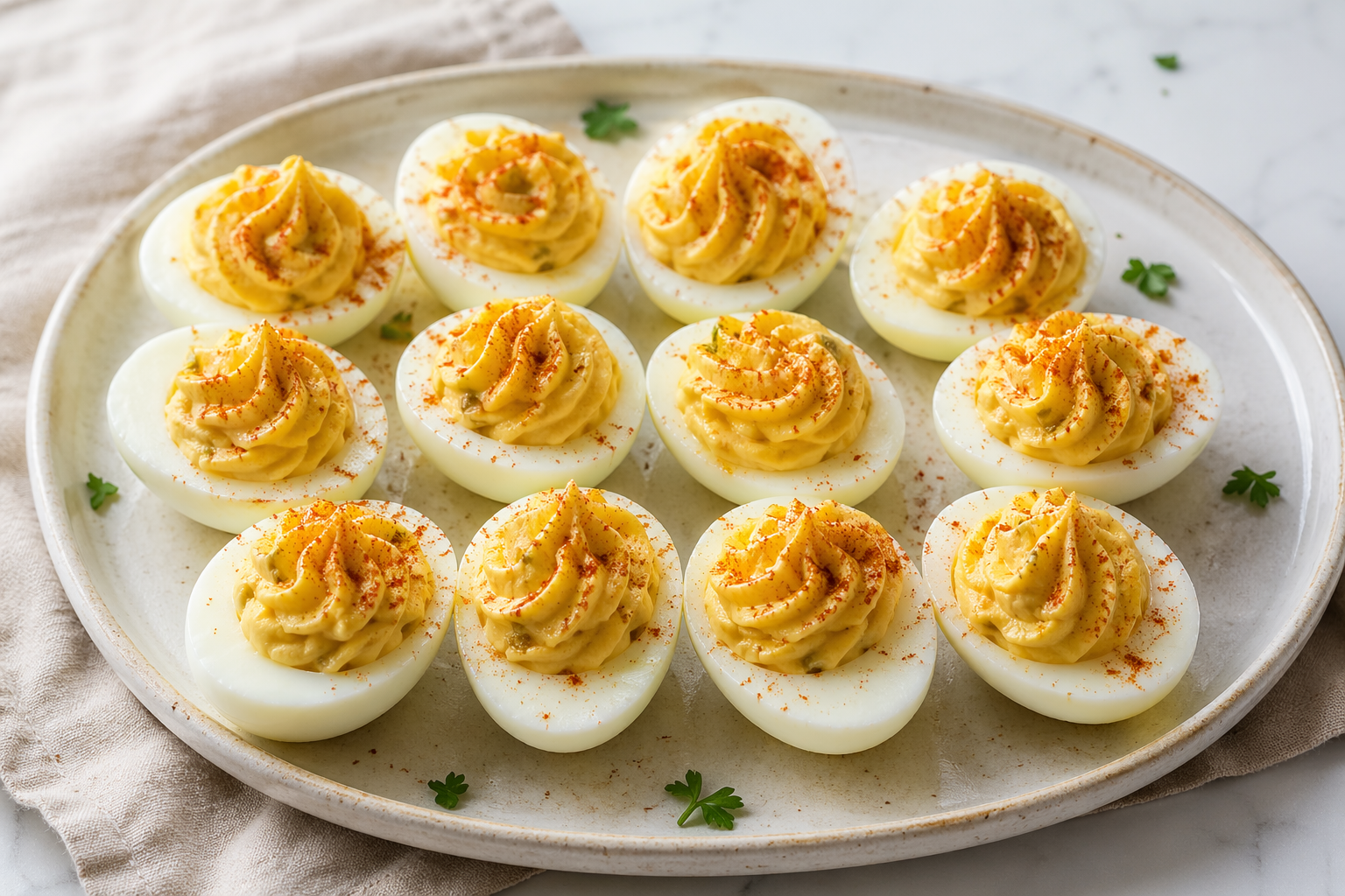 Classic deviled eggs with creamy yolk filling piped into halved egg whites and topped with paprika, easy homemade deviled eggs recipe perfect for parties, holidays, and appetizers