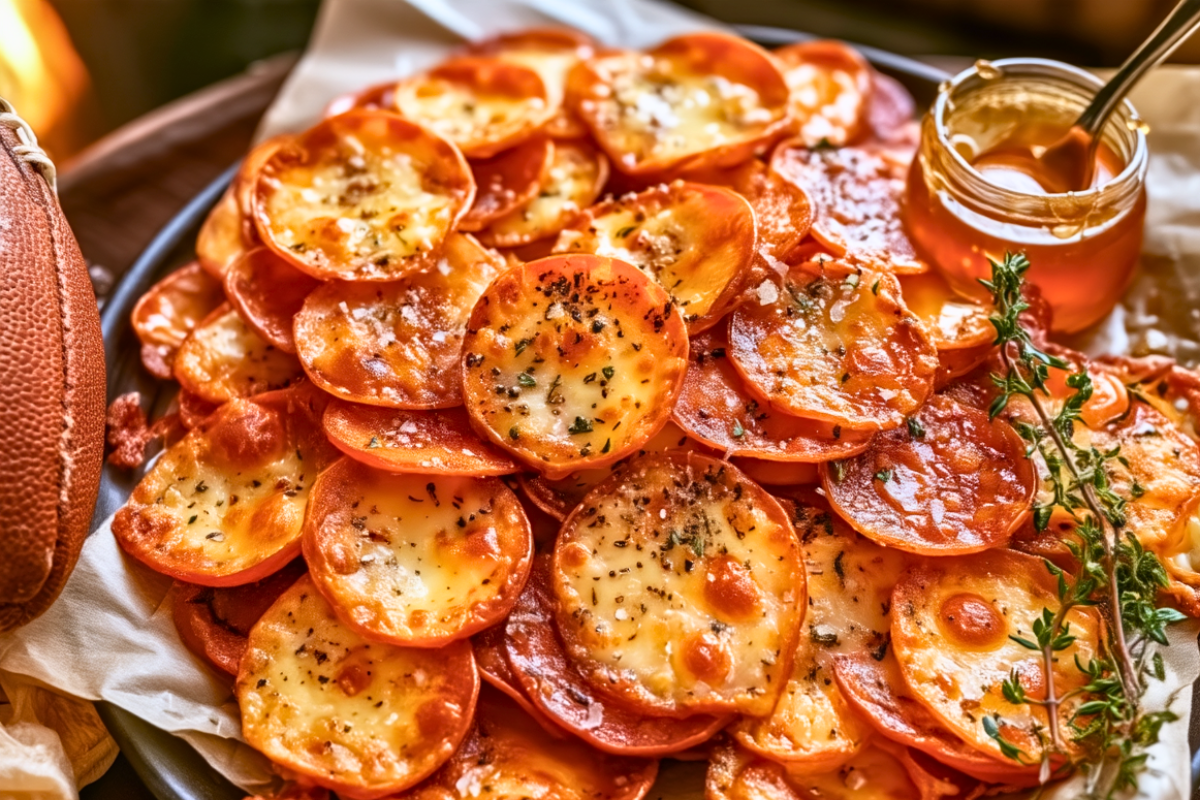 Stack of hot honey pepperoni cheese crisps with one broken in half to show lacy golden mozzarella edges