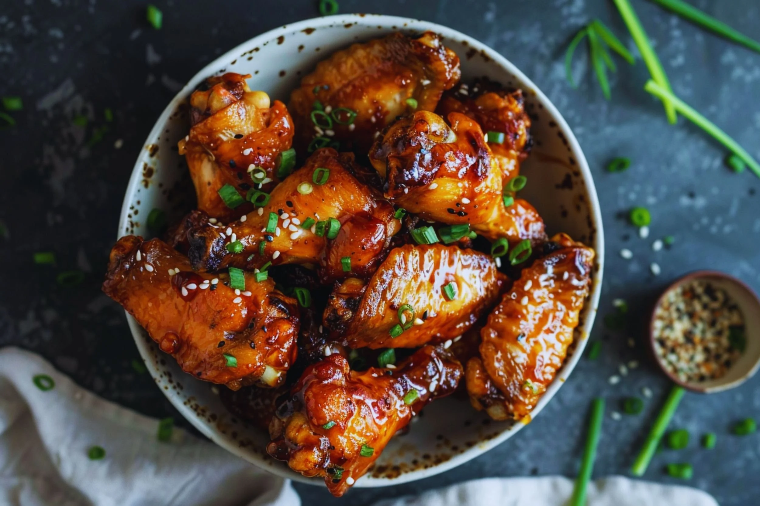 Hot honey garlic chicken wings on a dark wood board — glossy amber sauce, sesame seeds, green onions, oven-baked crispy