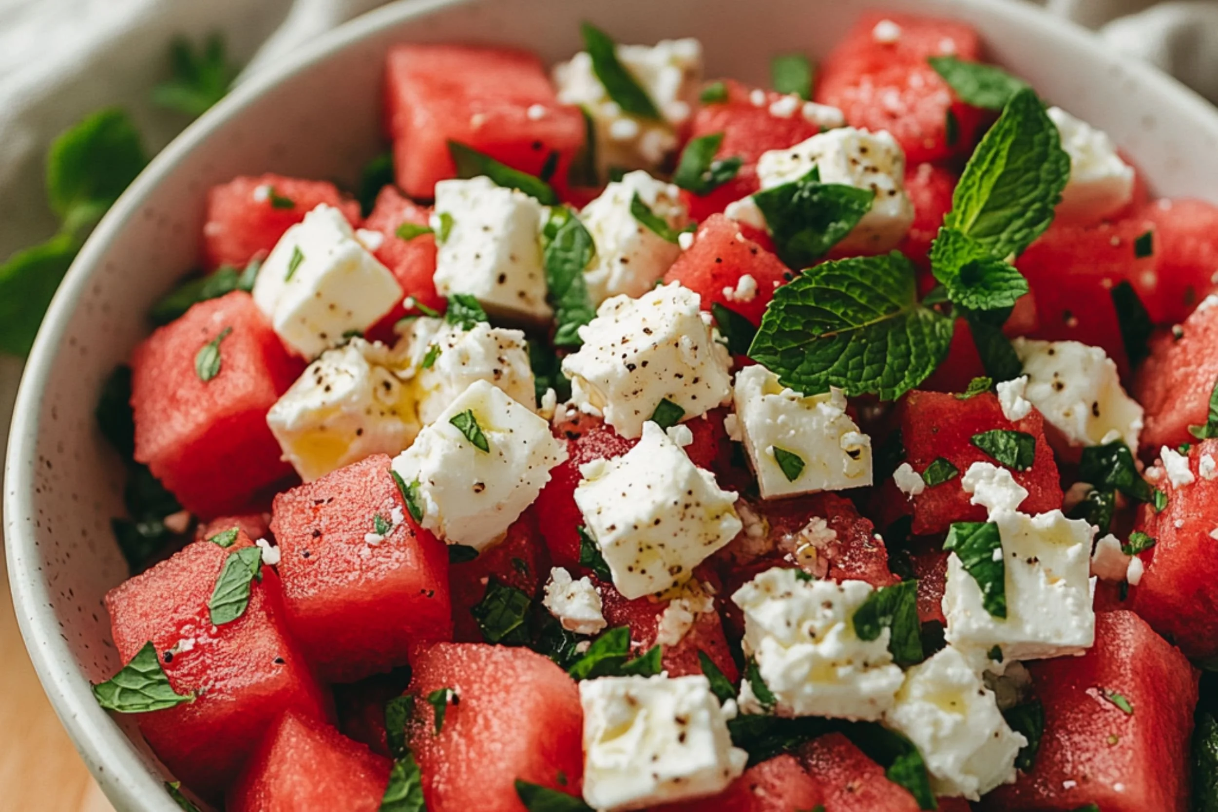 Watermelon feta salad with fresh mint and olive oil in a white speckled bowl