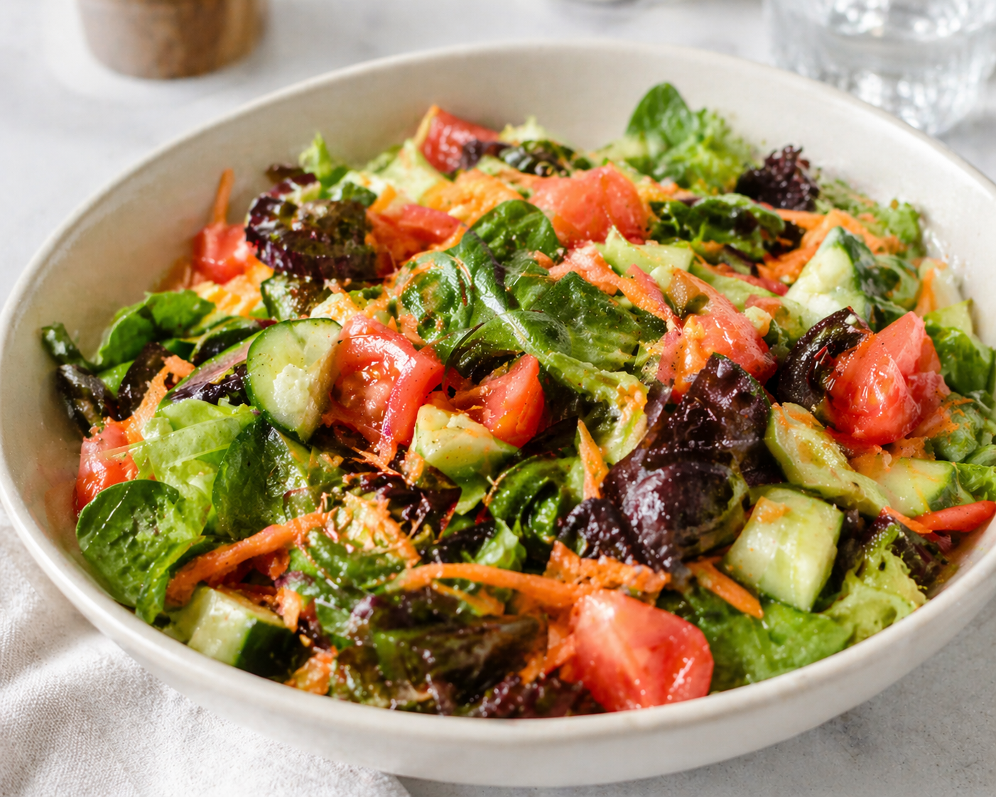 Fresh garden side salad with mixed greens, cucumber, tomatoes, shredded carrots, and light dressing in a ceramic bowl