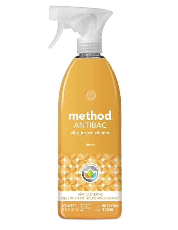 Method Antibac all-purpose cleaner spray bottle for kitchen cleaning, used to disinfect countertops, sinks, and everyday kitchen surfaces.