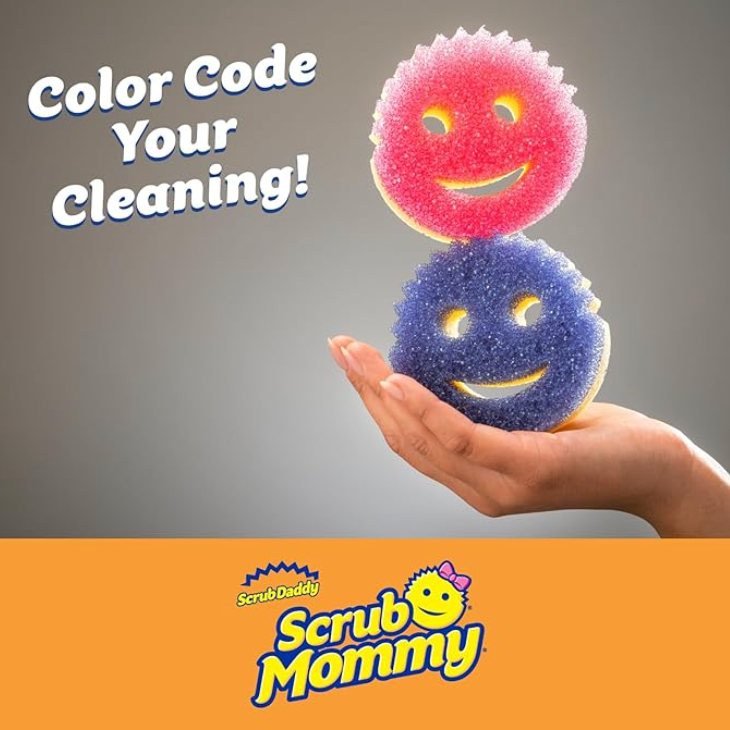 Scrub Mommy dual-sided sponge for kitchen cleaning, shown color-coded pink and blue for dishes, sinks, and everyday kitchen messes.