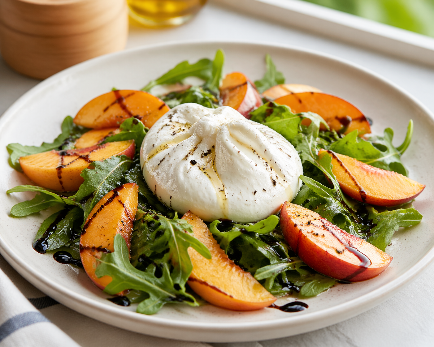 Fresh peach burrata salad with arugula on a white ceramic plate, topped with olive oil and balsamic glaze in natural daylight