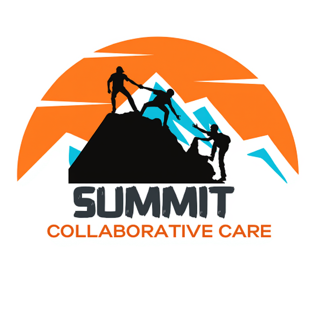 Logo with a mountain scene showing three figures helping each other climb, the word Summit in bold underneath, and Collaborative Care in orange below that.