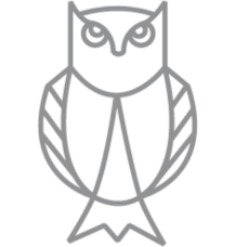 Line drawing of an abstract owl, with symmetrical features and simple shapes.