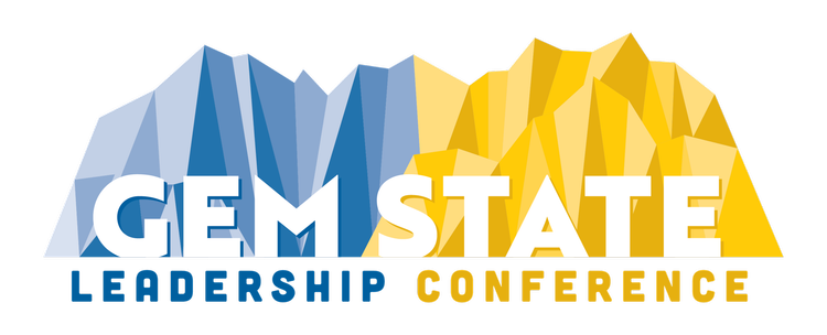 Logo for GEM State Leadership Conference with stylized mountains in blue and yellow