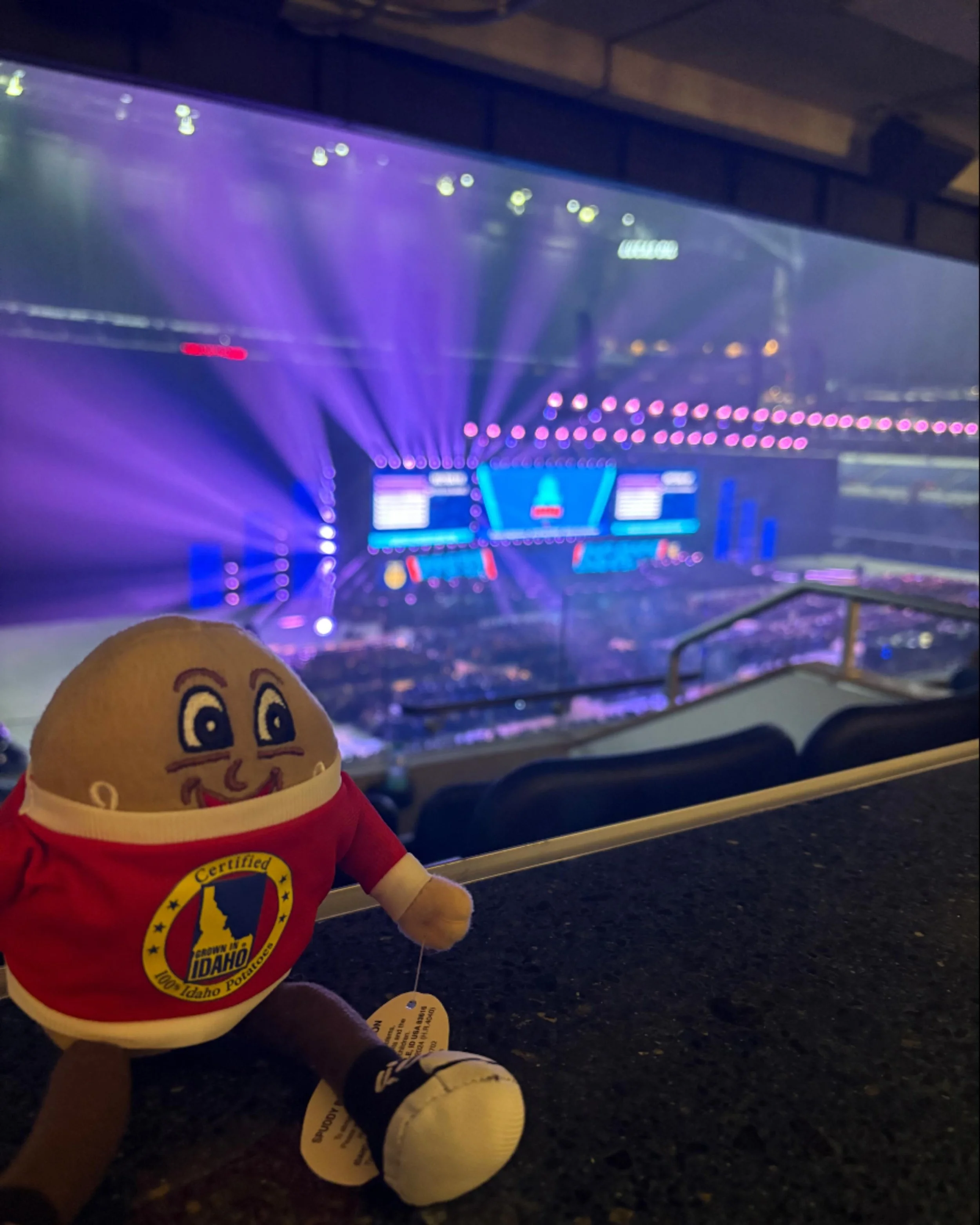 A stuffed toy representing a potato wearing a red Idaho-themed shirt and white sneakers is positioned in front of a stadium with colorful lights and large screens at the National FFA Convention.
