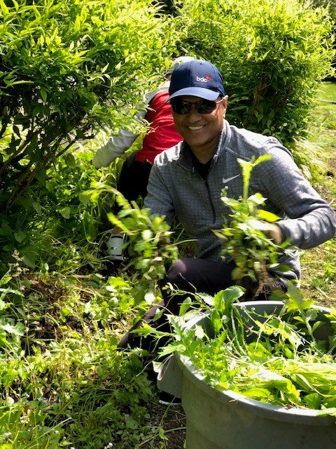 A person smiling at the camera while harvesting plants in a lush, green farm or garden, with another person in the background.
