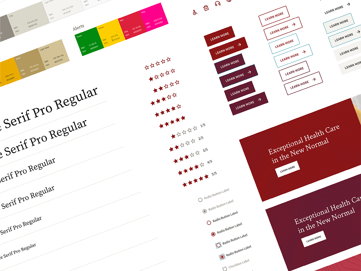 A digital design or style guide with color swatches, star rating icons, call-to-action buttons labeled 'Learn More', and promotional banners related to healthcare or health care services.