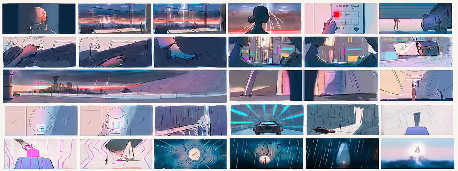 A collection of digital illustrations showing futuristic scenes with landscapes, technology, and people. Some scenes depict a woman with hair glowing in front of wind turbines, a city skyline at sunset, individuals interacting with advanced screens, 