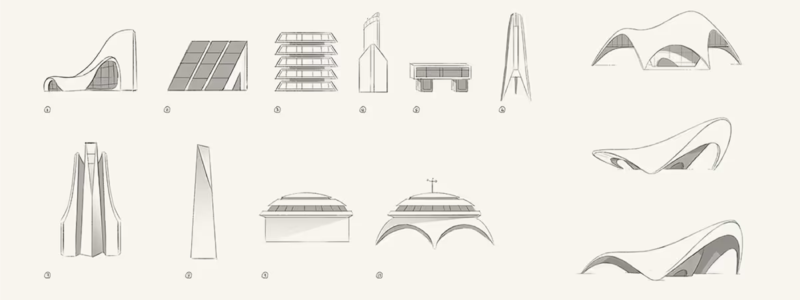 Line drawings of various architectural structures and buildings, including futuristic and modern designs, with some featuring curved and angular shapes.