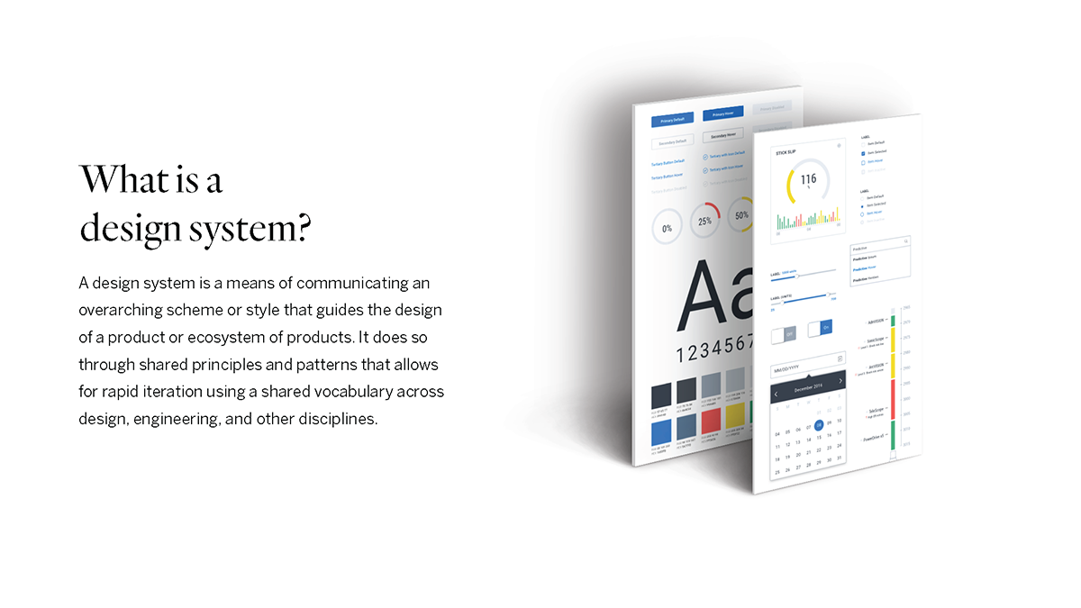 An informational graphic explaining what a design system is, featuring digital interface mockups and color palettes.