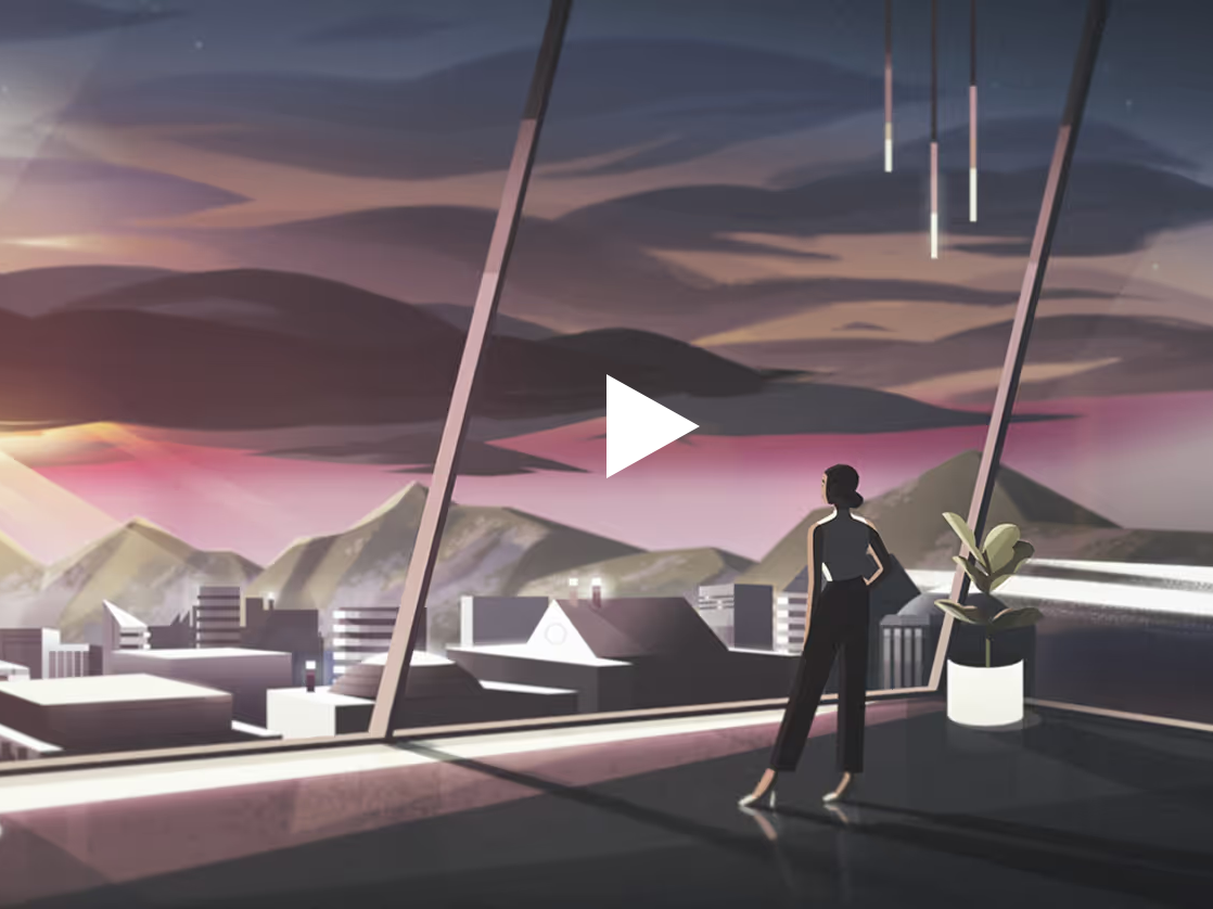 A woman stands in a modern office looking out of a large glass window at a cityscape and mountains during sunset with a pink and purple sky. There are blinds and a potted plant inside the room.