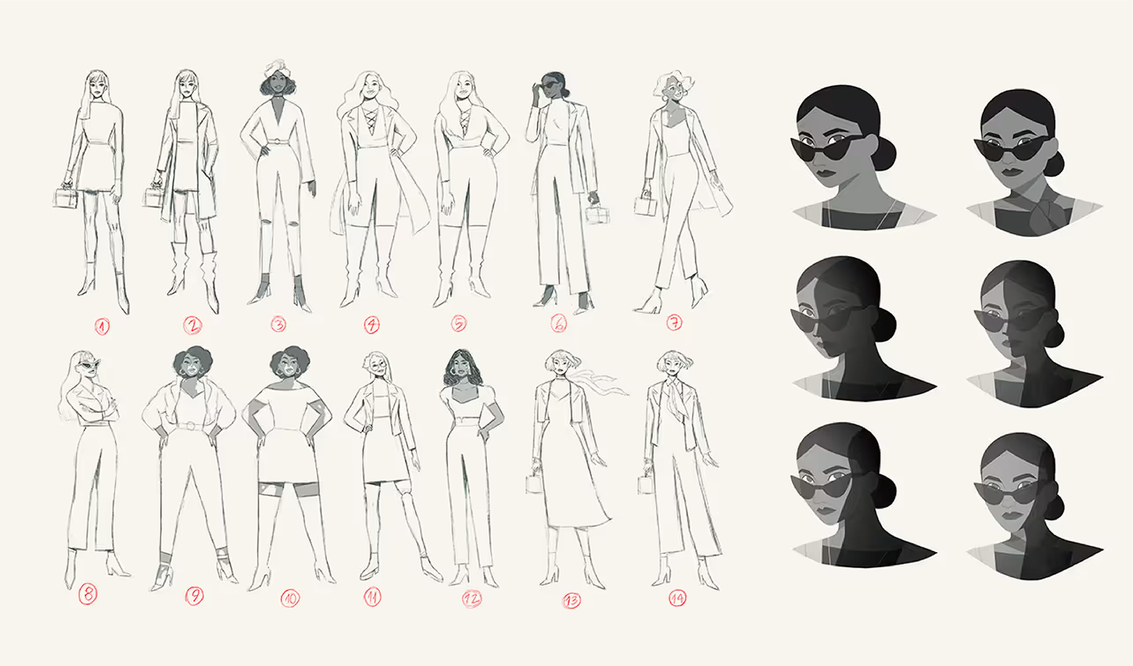 A collection of fashion illustrations featuring various female characters with different outfits, poses, and hairstyles, including some with sunglasses, arranged in rows and columns with a grayscale color palette.