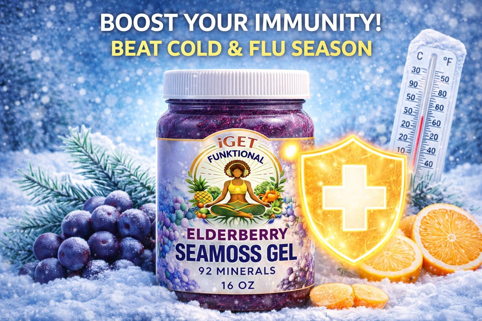 A jar of elderberry seamoss gel with a snowy winter background, grapes, oranges, a thermometer, and a shield with a medical cross.