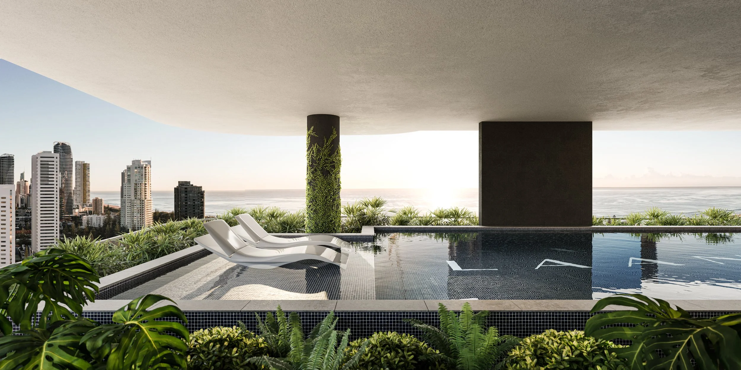 Luxury rooftop infinity pool overlooking a city skyline and ocean at sunset, with white lounge chairs and lush green plants.