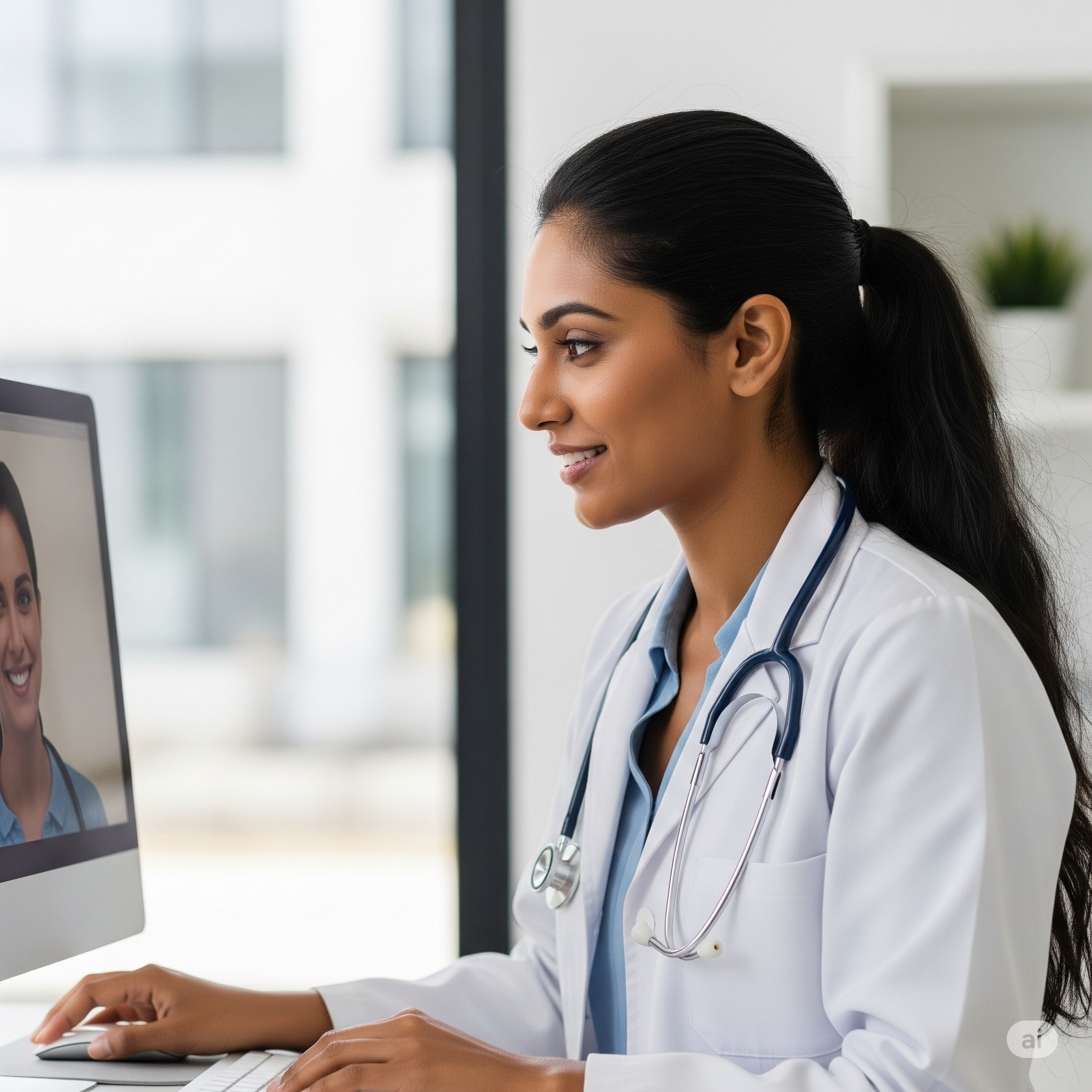 A young female doctor with dark hair tied in a ponytail, wearing a white lab coat and stethoscope, is smiling and looking at a computer screen where she sees a photo of herself.