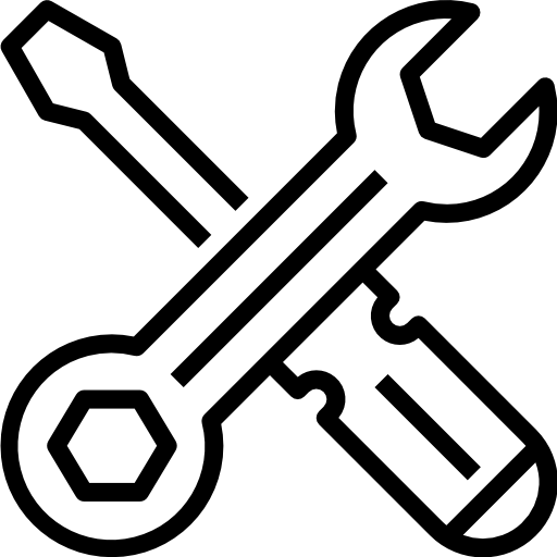 Icon of a wrench, screwdriver, and hammer crossed together in black outline.