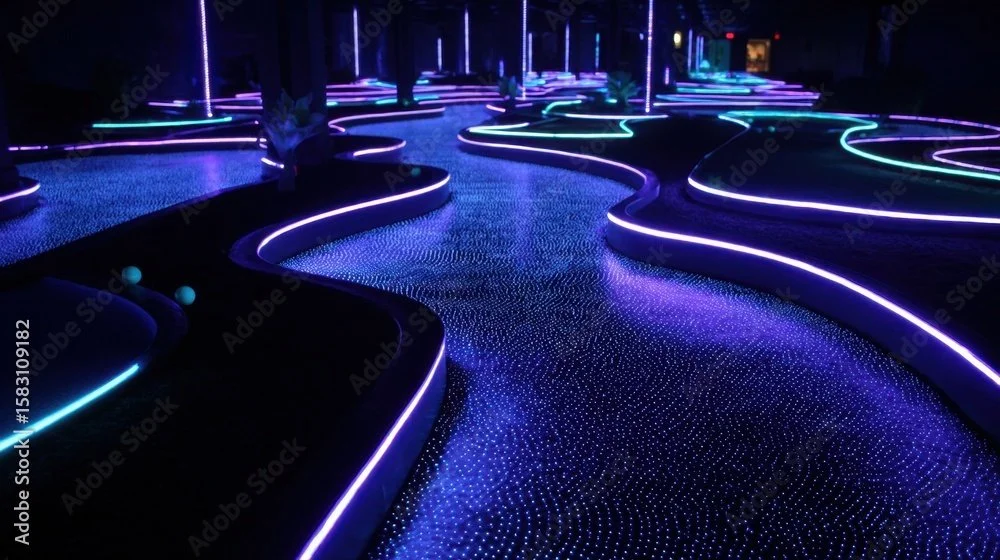 Night view of a miniature golf course with glowing neon lights outlining the pathways and putting greens.