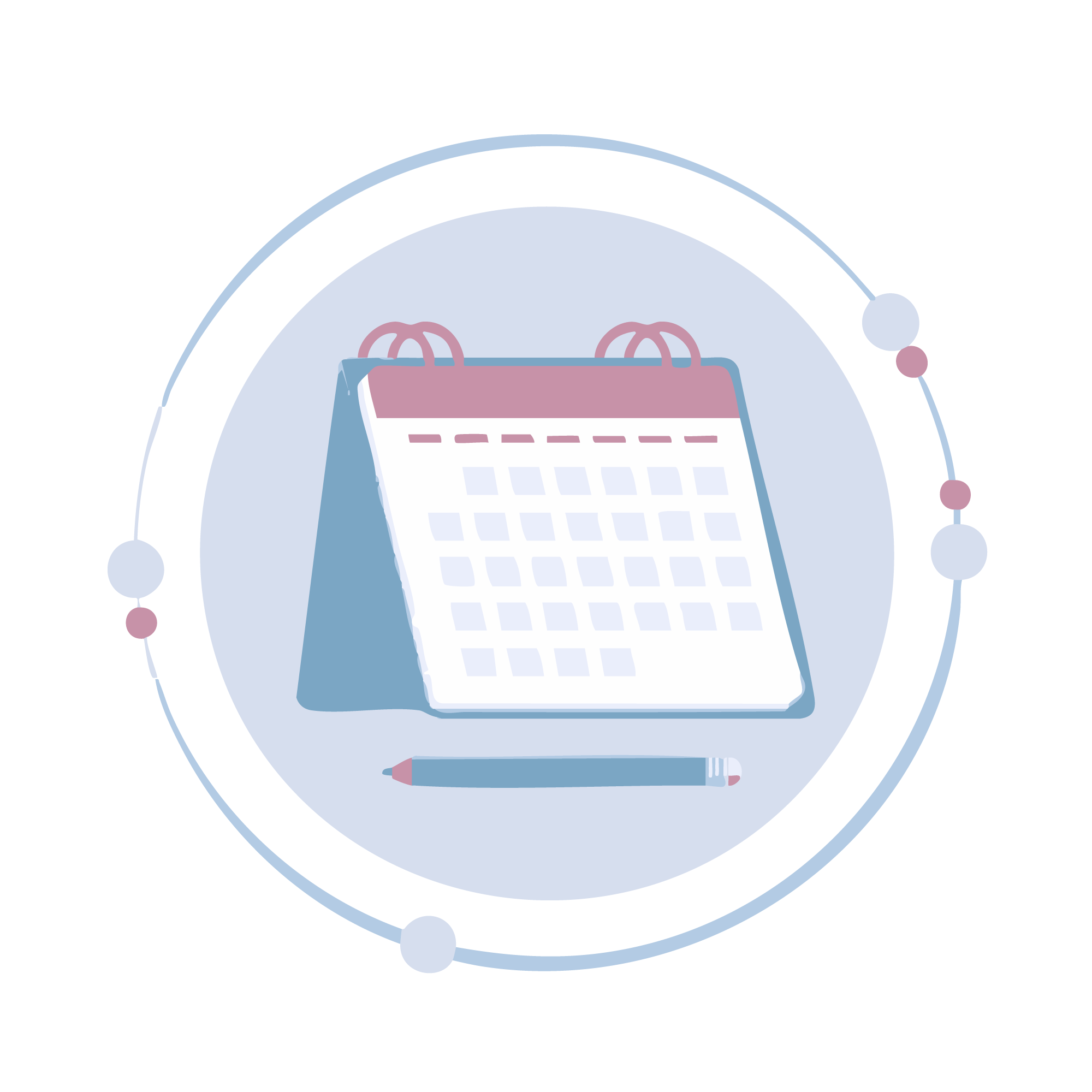 Illustration of a desk calendar and pen, with a decorative orbital pattern around it.