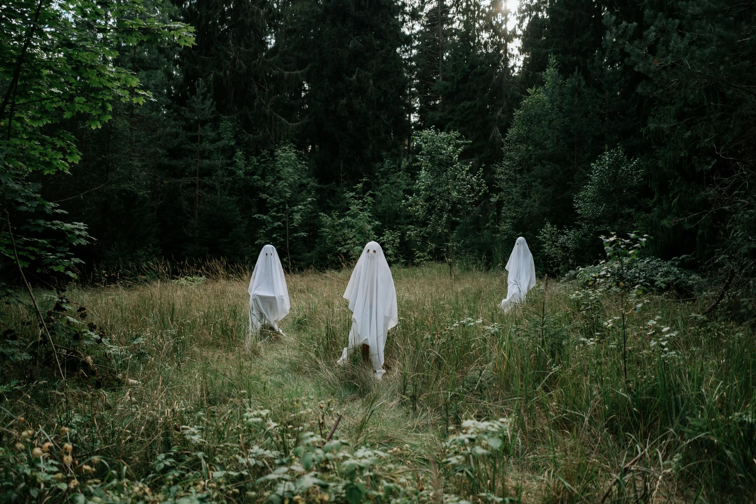 Four people dressed as ghosts with white sheets over their heads standing in a grassy clearing surrounded by trees