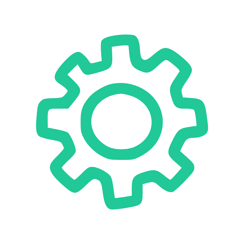 A teal-colored gear icon with a thick outline on a black background.