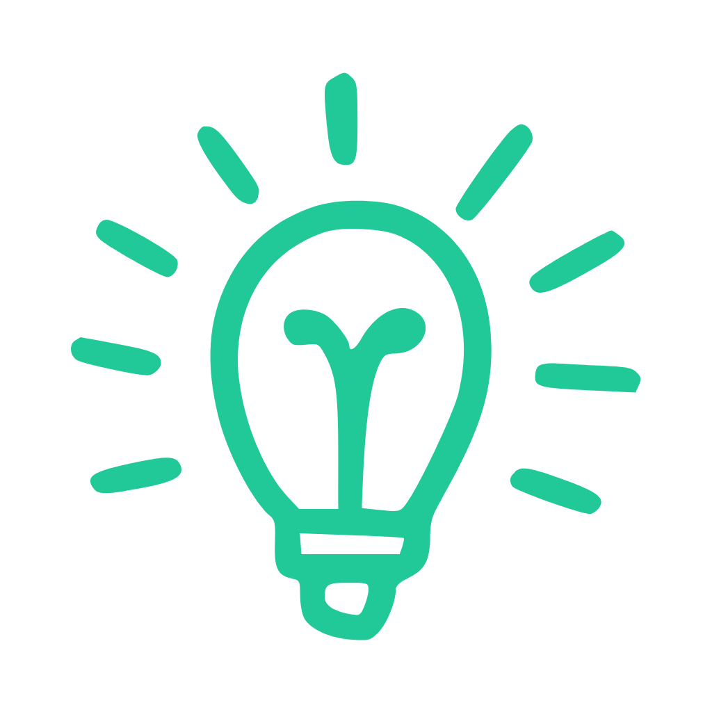 A teal-colored sketch of a light bulb with lines radiating outward, symbolizing an idea or inspiration.