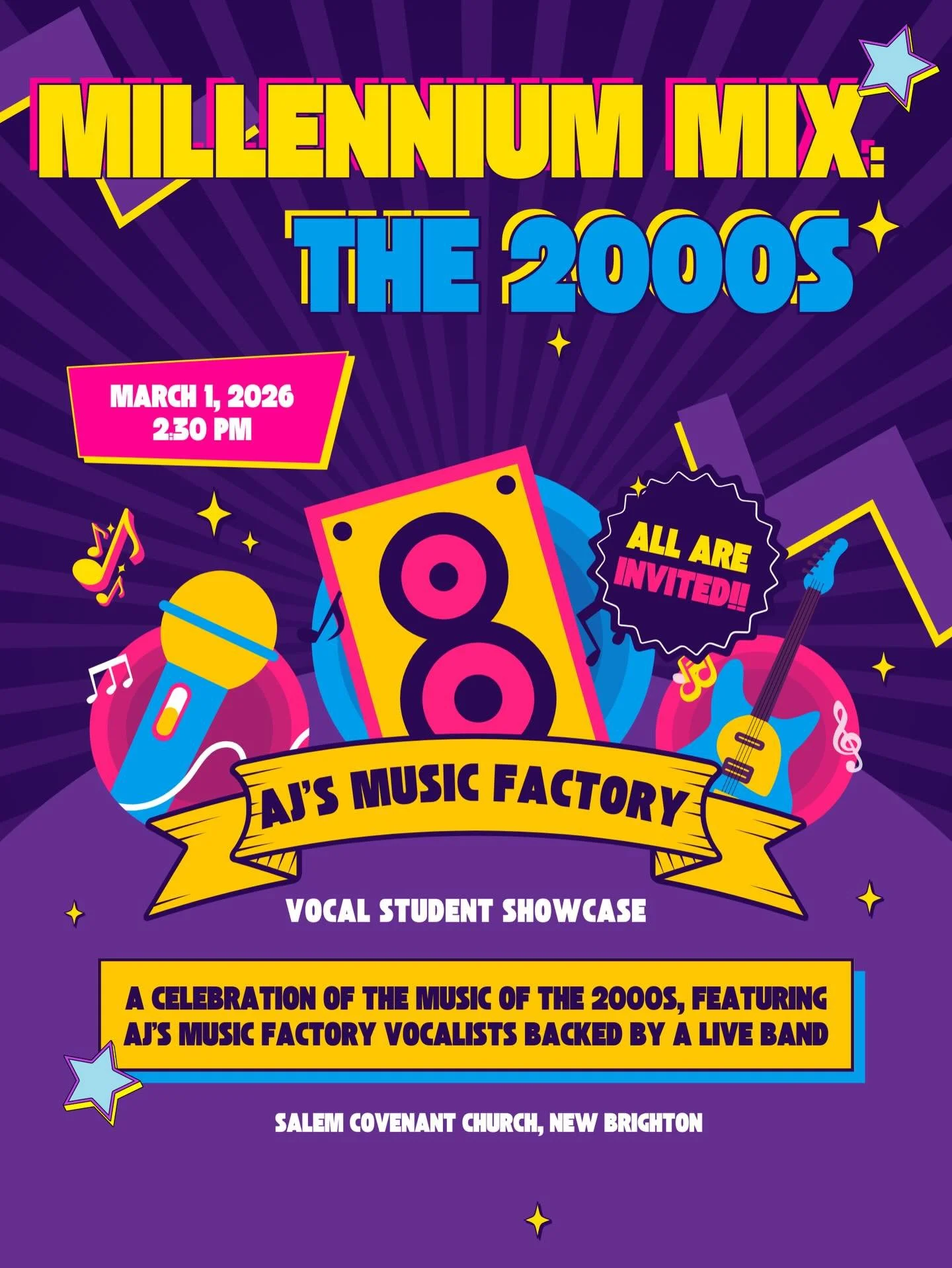Vocal students and families: ✨ Mark your calendars!

🎸 Full band rehearsal: Friday, February 27th
🎤 &ldquo;Millennium Mix: The 2000s&rdquo; Vocal Showcase: Sunday, March 1st
🎶 All are invited&mdash;bring friends and family!