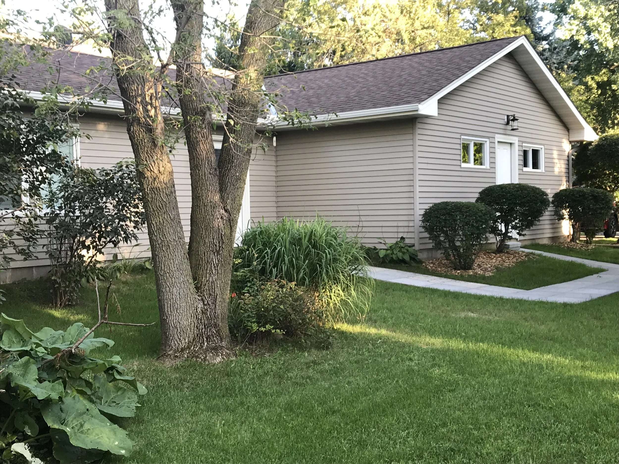 Front yard of a beige house with neatly trimmed shrubbery, a tree, and a concrete pathway in the sunlight. Lake Elmo music lessons.