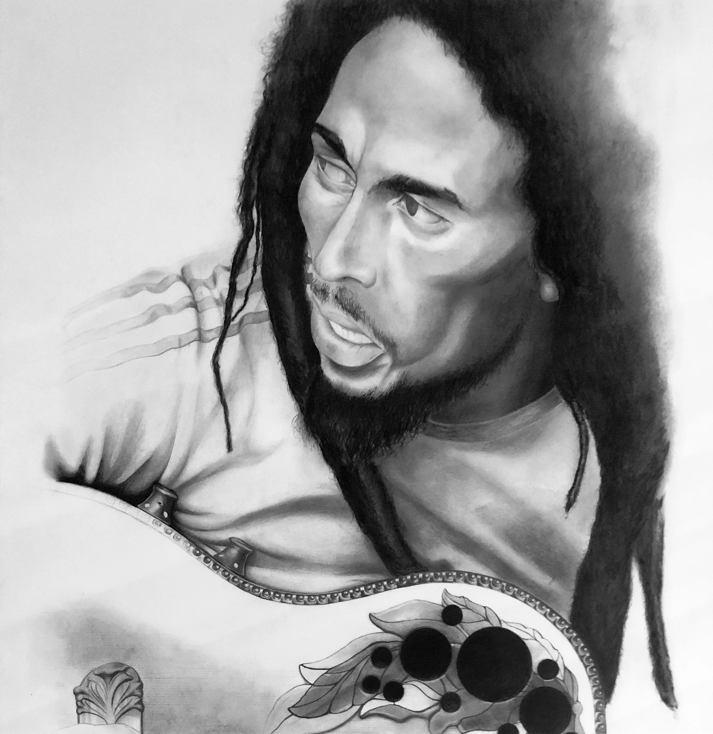 Robert Nesta Marley. Graphite pencils on paper. Crayons graphite sur papier. 19”x 25”. (2008)