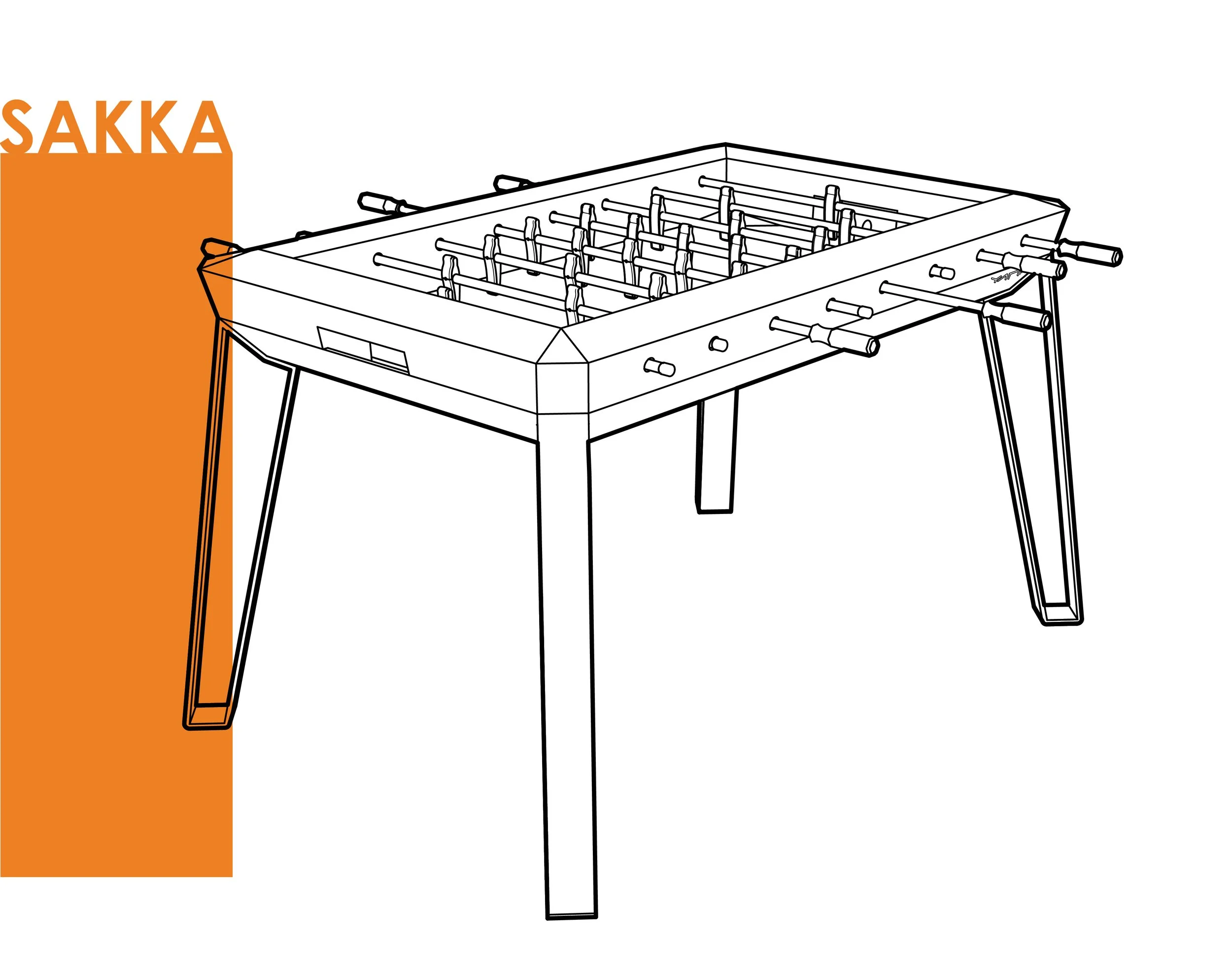 Line drawing of a foosball table with legs, rods, and players, partially overlaid by an orange rectangle with the word 'SAKKA' in bold orange letters.
