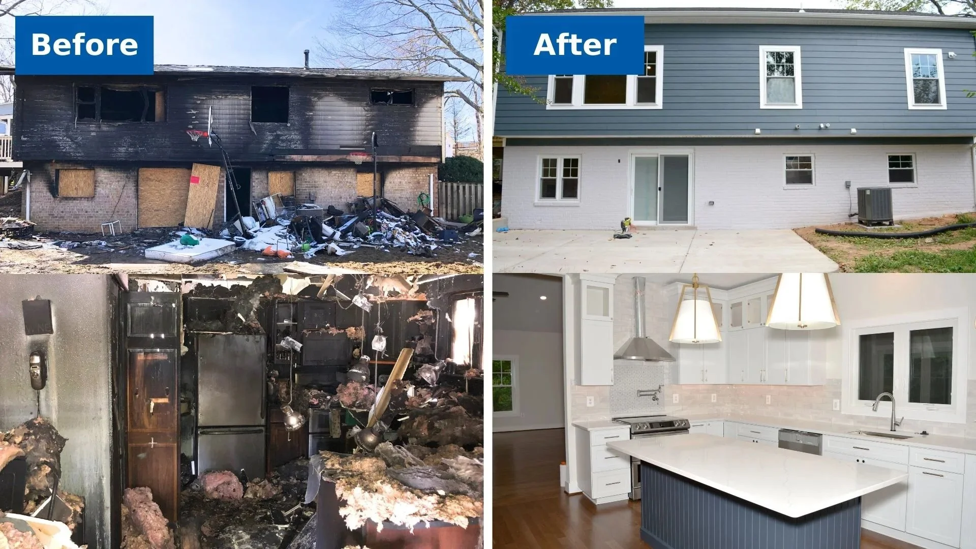 Comparison of a house before and after renovation. The 'Before' images show a house with burnt, damaged exterior walls and a heavily charred, destroyed interior kitchen. The 'After' images display a newly renovated house exterior with fresh paint and a modern, bright kitchen interior with white cabinets and a kitchen island.