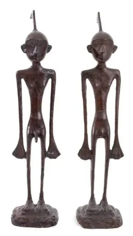 Pair of Giacometti-Style Patinated Metal Nude Figures, Mid-20th Century