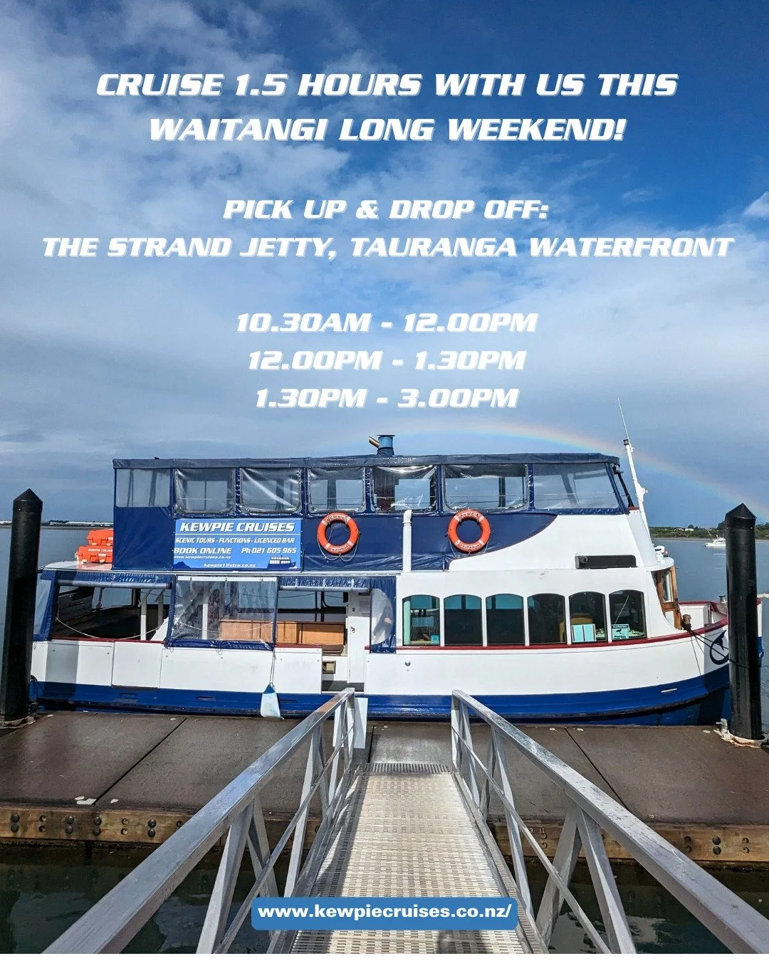 Get more bang for your buck as scenic cruises are now 1.5 hours for the same price &amp; one child goes on for free per paying adult! #value! Kewpie Cruises is now operating from The Strand Jetty, Tauranga Waterfront for our Scenic Harbour Cruises wh