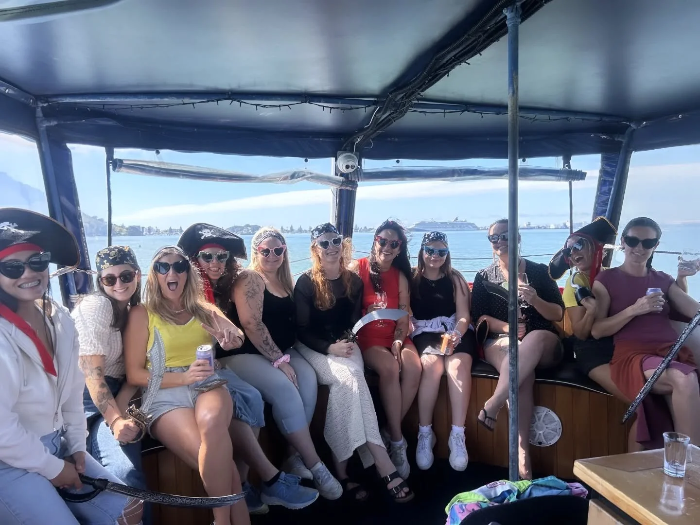 ☠️ Pirates onboard! 🚢 Upper deck bow seats make for great photos (with our pirate costumes) and private parties on the water!