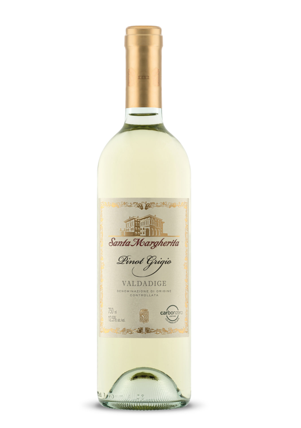 A bottle of white wine labeled Santa Margherita Pinot Grigio from Valdadige.
