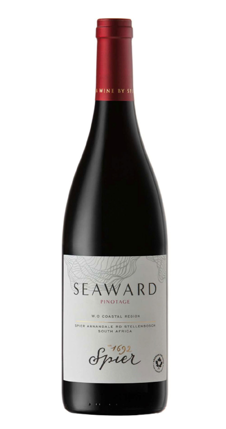 A bottle of Seaward Pinotage wine from South Africa with a white label and a red foil capsule.