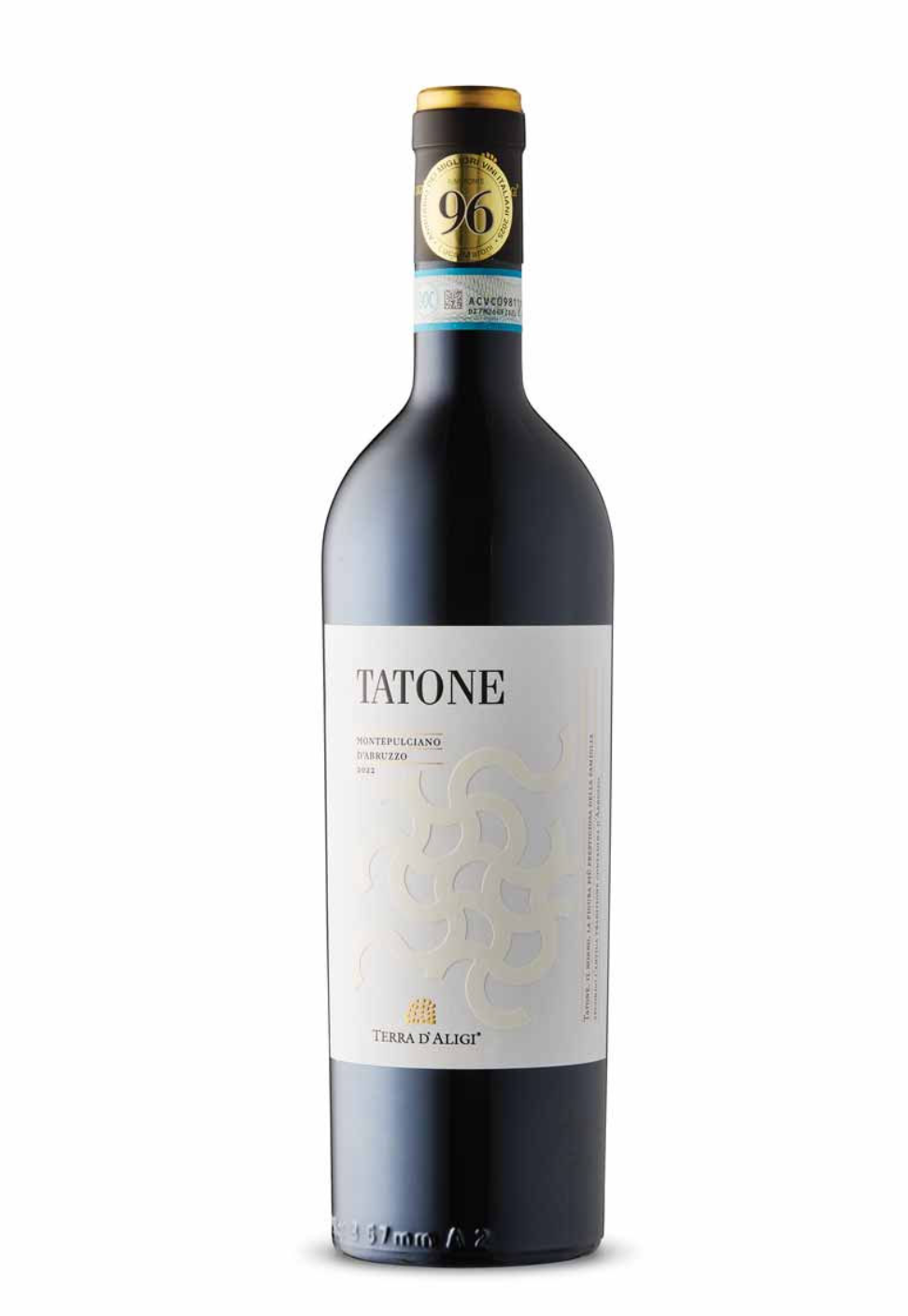 A bottle of Tatone Montepulciano d'Abruzzo wine with a black cap and white label, featuring gold and black accents.