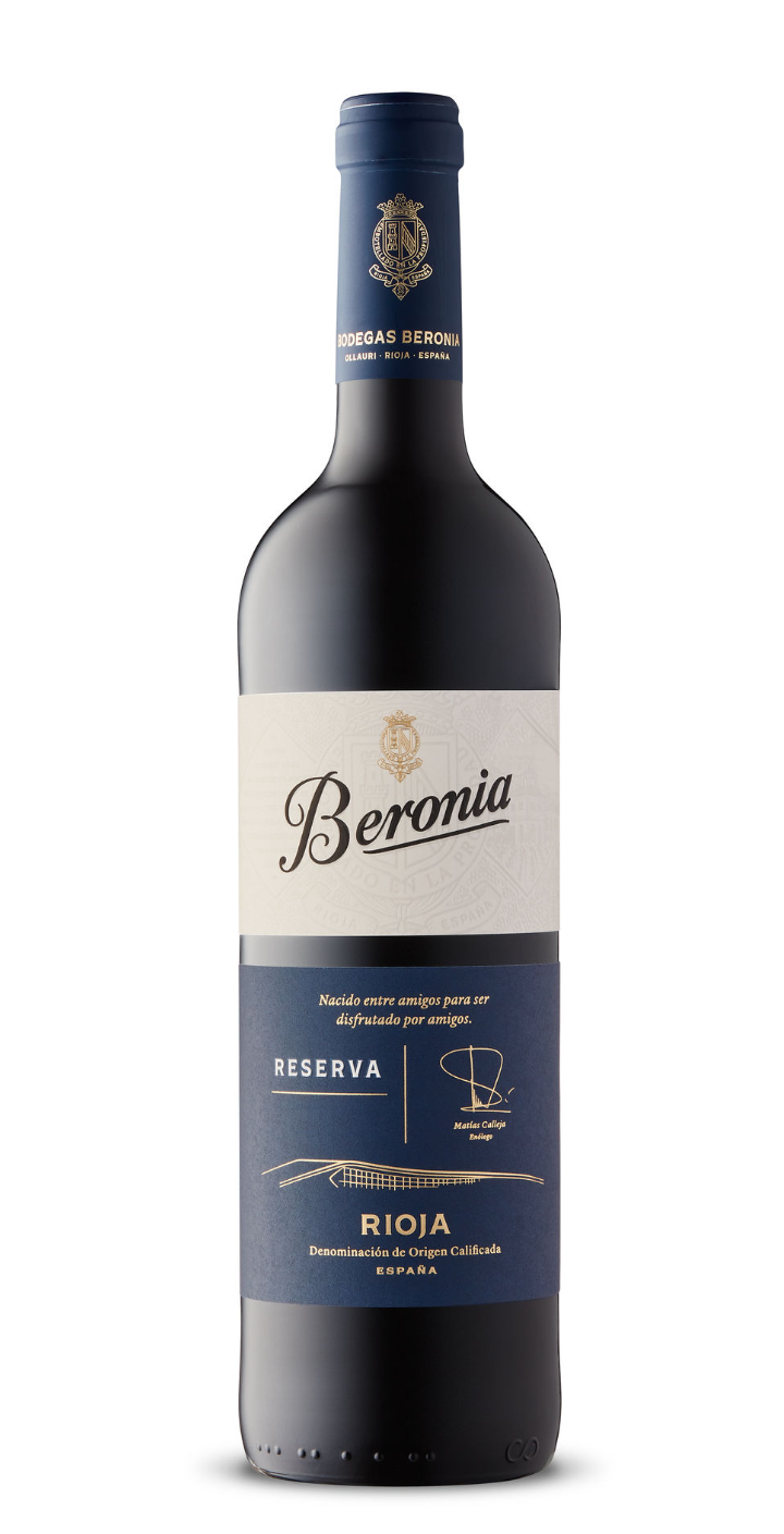 A bottle of Beronia Reserva Rioja red wine from Spain, with a navy blue and white label featuring gold accents and text.