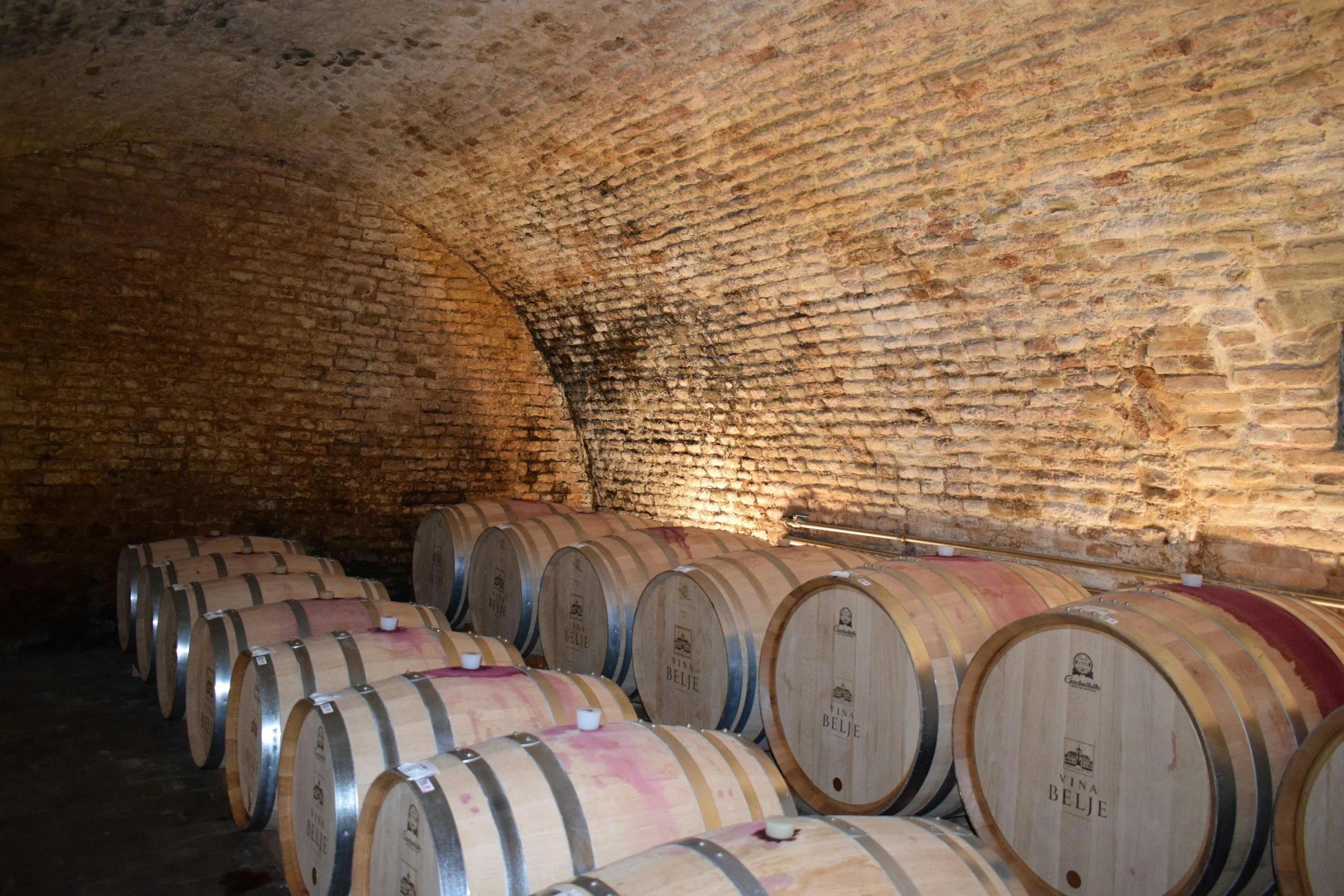 Rows of wooden wine barrels stored in an underground cellar with arched brick ceiling.