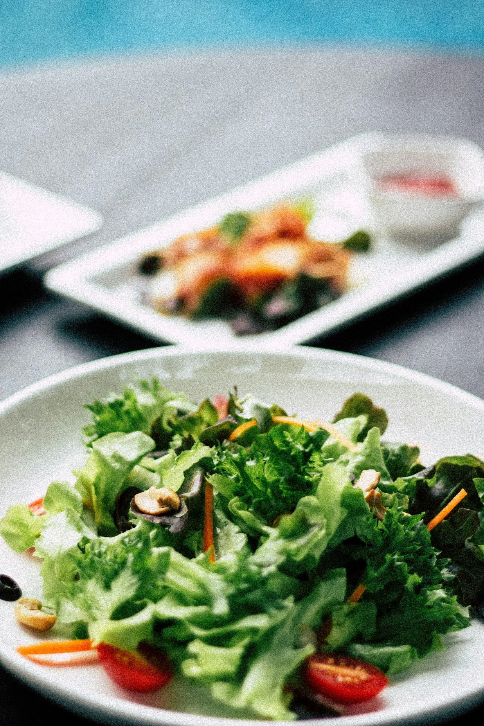 Fresh green salad with cherry tomatoes, shredded carrots, and nuts on a white plate, with a blurred dish of seafood salad in the background.